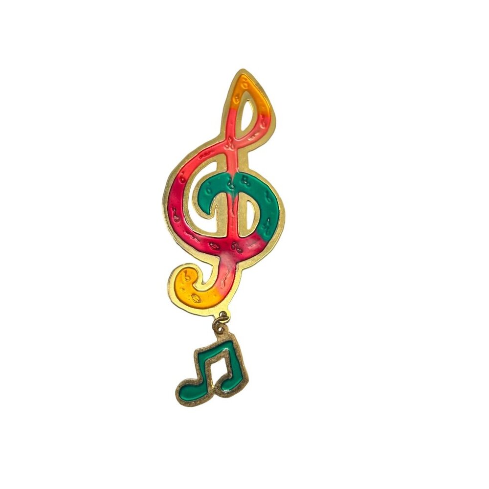 Vintage Treble Clef Music Note Gold Tone Pin Brooch Dangling Note By Two Hands